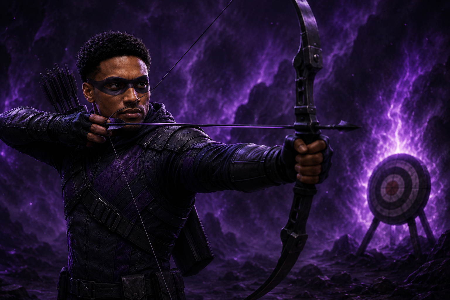 AnsemEye drawing his bow toward a distant target amid a storm of violet energy