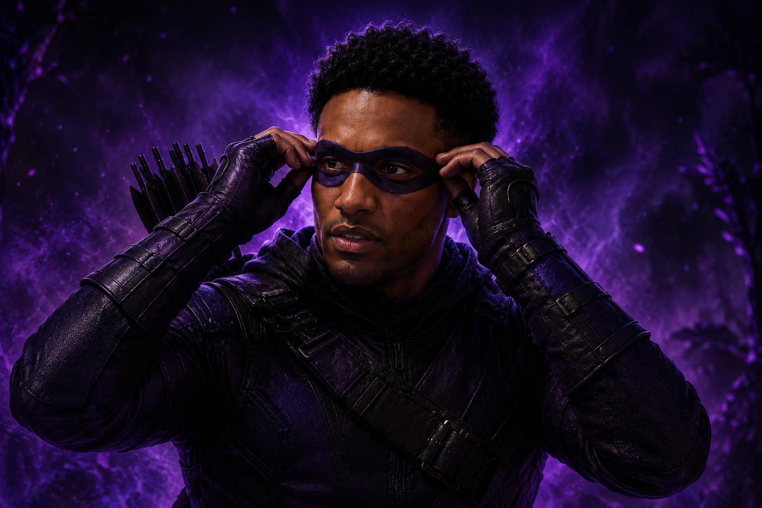 AnsemEye adjusting his violet mask before a mission