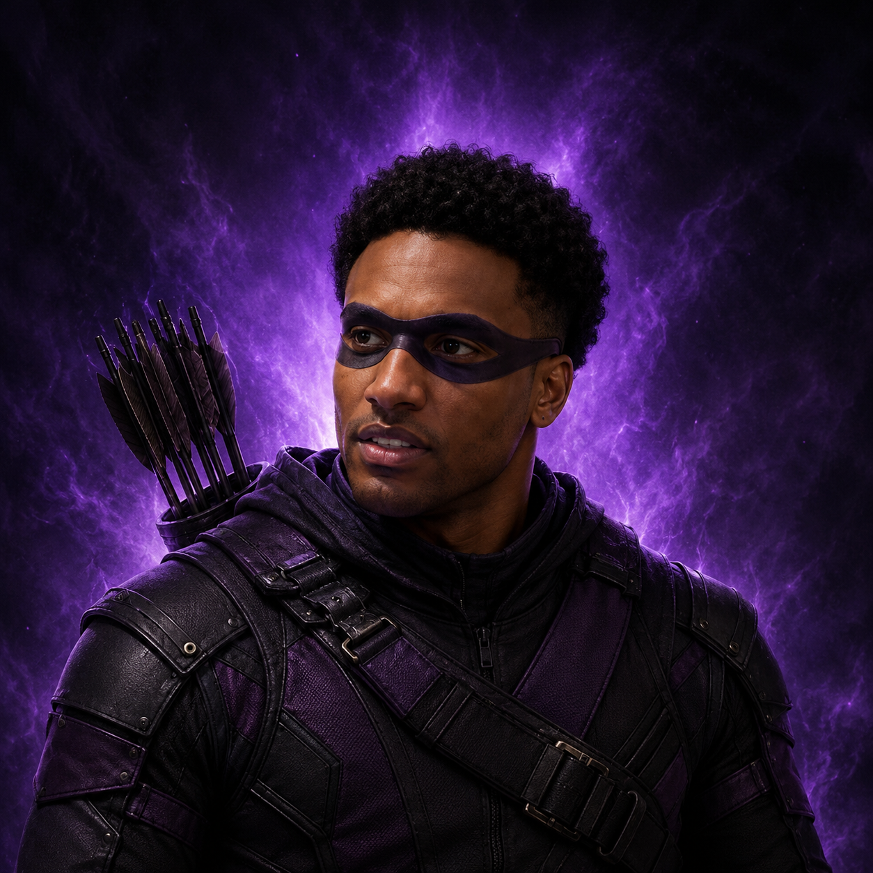 AnsemEye, the violet marksman, in his dark leather archer suit